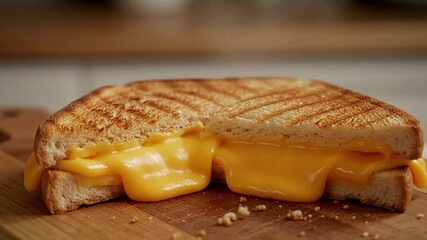 A grilled cheese sandwich is cut in half the melted cheese oozing out It sits on a wooden cutting board - Powered by Adobe