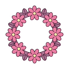 Pink floral wreath with purple leaves on white background