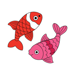 Two stylized koi fish red and pink on white carp