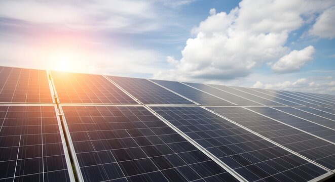 Photovoltaic solar panels on a rooftop generate clean, renewable electricity from the sun's energy, offering a green alternative power source