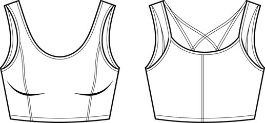 Women’s sports bra flat vector illustration, front and back views, CAD technical drawing, activewear design, fitness garment, workout apparel