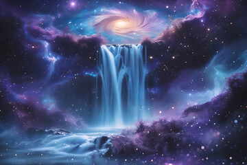 Fantasy Cosmic Waterfall in a Starry Galaxy Generative AI
