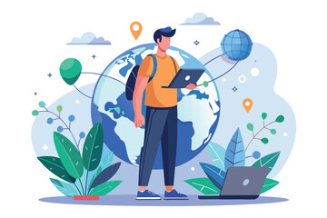 Man connecting globally with technology isolated on white background