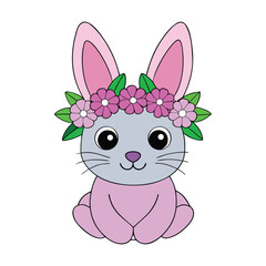 Cute cartoon bunny with pink floral crown rabbit animal