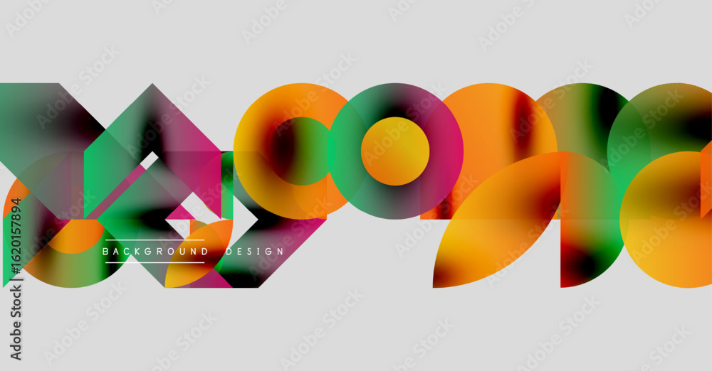 Poster abstract colorful shapes overlap, creating dynamic visual composition. background is light gray. tex