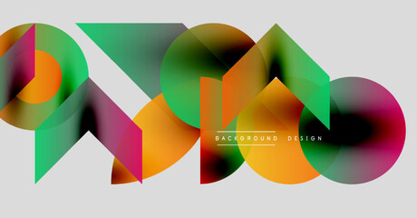 Abstract shapes overlap, creating vibrant color gradients. Modern design elements suggest dynamic composition, smooth transitions.