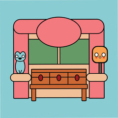 Cute blue creature and orange character on entryway bench