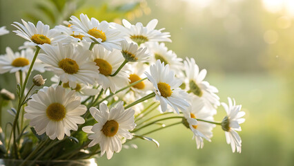 Fototapeta premium Sunlit bouquet of delicate white daisies with yellow centers in soft focus