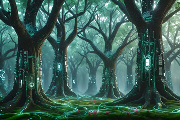 Futuristic Tech Trees in a Digital Forest Generative AI