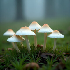 A close up of many white mushrooms. The mushrooms are all different sizes and shapes. Concept of abundance and variety