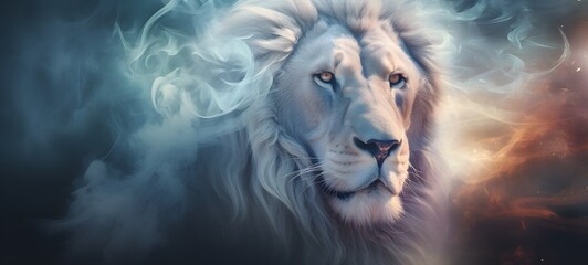 a light white lion, coming out of the smoke, generative AI