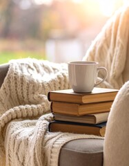 A Cozy Reading Nook with a Stack of Books. A Warm Ceramic Mug rests on top of a Soft Knitted Blanket draped over an Armchair, creating a Relaxing and Hygge Scene