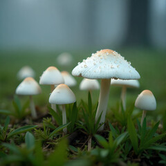A close up of many white mushrooms. The mushrooms are all different sizes and shapes. Concept of abundance and variety