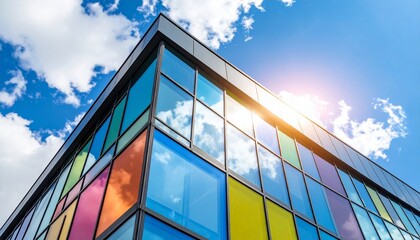 The sun peeks through corner glass panels showing blue sky reflections.