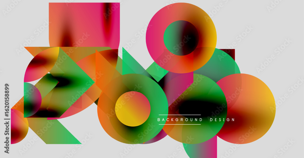 Poster Abstract colorful shapes overlap. Circles, squares, gradients create dynamic visual composition. Modern design element for backgrounds.