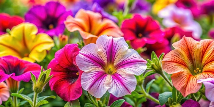 Colorful petunia flowers close up with delicate petals and vibrant colors, floral, botanicals,  floral, botanicals
