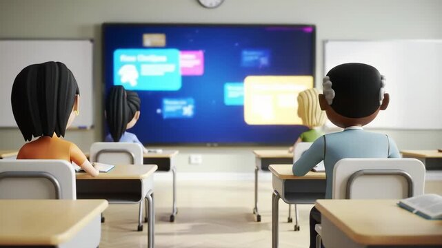 Cartoon Students in Classroom Focused on Interactive Lesson