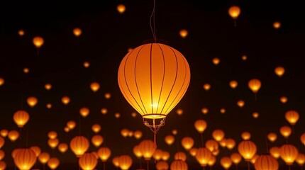 Obraz premium A glowing sky lantern floating gently in the night sky surrounded by dozens of similar lantern. 3d render