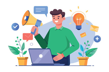 Man with megaphone and laptop isolated on white background