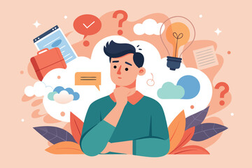 Man thinking with question marks isolated on white background