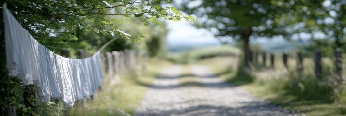 White laundry hanging on a line beside a gravel path, surrounded by lush greenery, evoking a serene rural lifestyle and slow living aesthetic