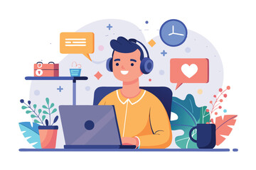 Man working from home with laptop, headphones and coffee