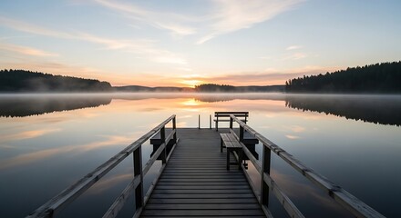 Fototapeta premium Lakeside pier at golden hour