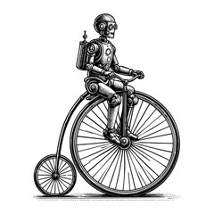 Obraz premium robot riding bicycle sketch engraving black and white outline. Scratch board imitation.