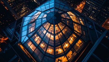 A circular glass roof appears from the top view.