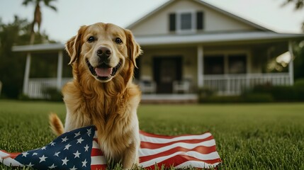A Labrador Retriever dog is sitting on the grass with an American flag in the background. The concept of an American holiday.