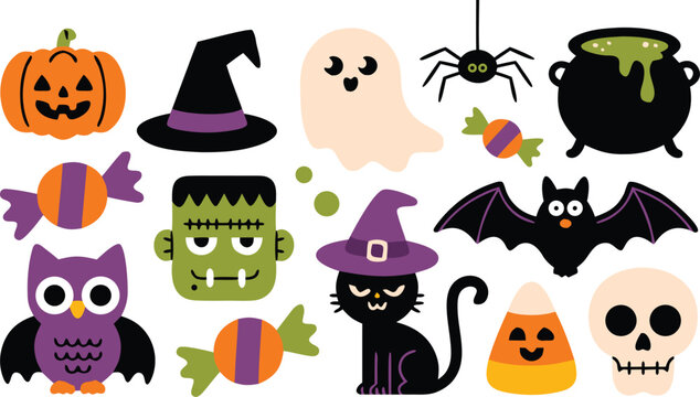 Cartoon Halloween Icons Pumpkin, Witch Hat, Ghost, Spider, Cauldron, Monster, Bat and More