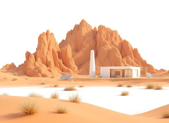 Modern desert dwelling with solar panels and rock formations architecture house