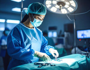 Female surgeon in operating room wearing mask and gloves, preparing surgical tools, dramatic medical lighting
