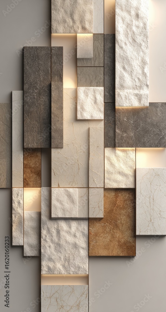 Poster abstract wall art featuring an overlapping arrangement of rectangular stone panels in varying neutra