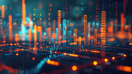 Abstract candlestick chart graphic with blurred city lights at night, depicting financial market trends and data visualization.