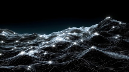 A surreal futuristic landscape composed of a dynamic undulating mesh grid with glowing white connection nodes creating a visually immersive and computational digital terrain