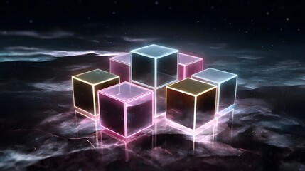 Futuristic digital cube network with luminous neon lines and floating 3D boxes suspended in a dark atmospheric space representing the technological concepts of blockchain and digital infrastructure