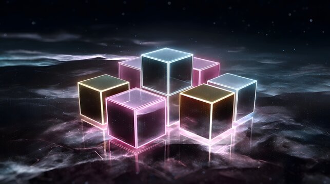 Futuristic digital cube network with luminous neon lines and floating 3D boxes suspended in a dark atmospheric space representing the technological concepts of blockchain and digital infrastructure