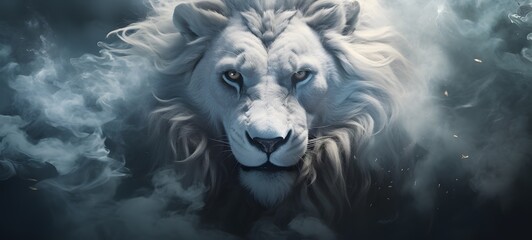 a light white lion, coming out of the smoke, generative AI