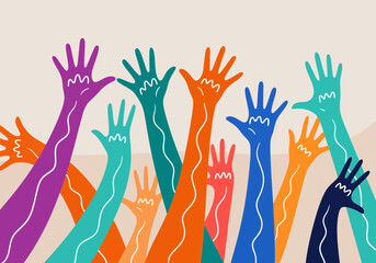 Flat illustration of diverse group of people with colorful raised hands symbolizing unity and participation