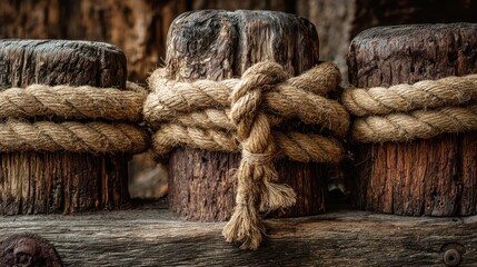 Fototapeta premium Weathered wooden posts bound tightly with thick, knotted rope. Use for nautical themes, rustic decor, or coastal design projects.