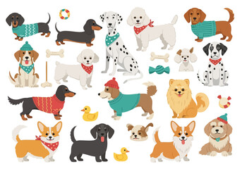 Flat illustration of collection of various dog breeds wearing sweaters and hats, looking happy and playful