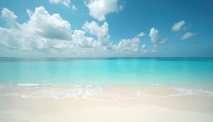 Fototapeta premium Azure ocean meets pristine white sand beach under bright blue sky with scattered clouds. Gentle waves lap shore, creating serene, tranquil tropical paradise perfect for summer relaxation and vacation.