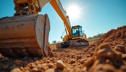 Heavy yellow excavator digs earth on sunny construction site. Powerful machinery works on ground foundation project, moving soil with large bucket. Clear blue sky above, bright sun highlights dirt
