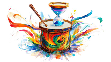 A colorful drum features an hourglass on top, surrounded by vivid splashes of paint in multiple hues