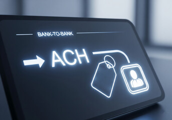 Bank-to-bank ACH transfer on a digital screen with a glowing arrow and profile icon, a modern representation for secure financial services and online payment systems.