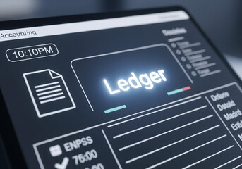 Glowing digital ledger on a futuristic accounting tablet, a modern representation for financial bookkeeping, business management, and secure data logging.