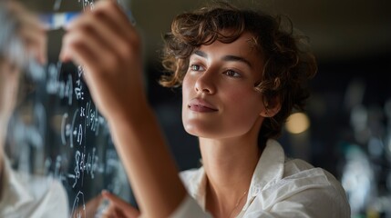 Young woman writing complex mathematical equations on a glass board in a modern classroom setting