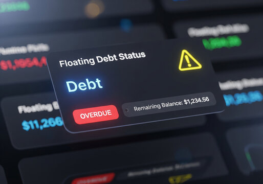 "Floating Debt Status" digital alert with a glowing "Overdue" button, a modern representation for financial notifications, credit management, and business warnings.