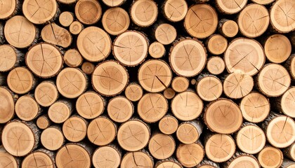 Detailed closeup showcasing stacked cut tree trunks with visible growth rings and split patterns